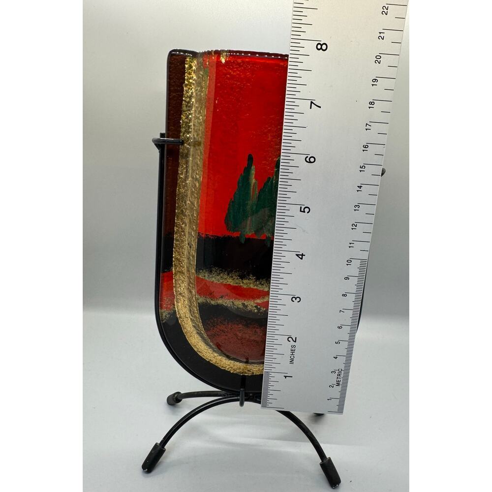 Vintage Jasmine Art Glass Vase in Metal Stand Black Gold Red Green Trees Vibrant - Picture 10 of 13